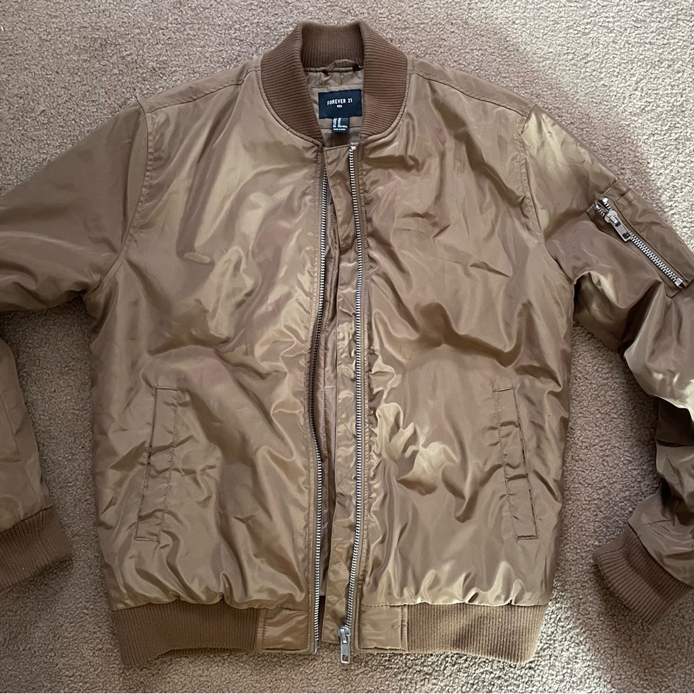 Forever 21 Brown Bomber Flight Jacket Multi Pocket Full Zip (Men’s Size Medium) - Picture 2 of 7